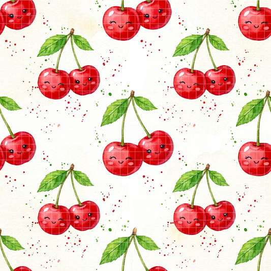 Seamless watercolor pattern featuring cute kawaii red cherries with smiling faces and green leaves.