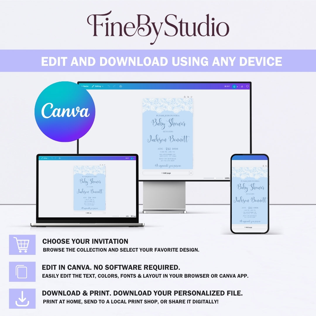 Elegant blue baby shower invitation template displayed on a laptop, tablet, and smartphone showing it is editable online.