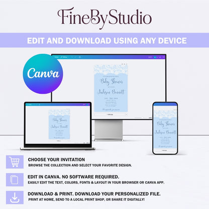Elegant blue baby shower invitation template displayed on a laptop, tablet, and smartphone showing it is editable online.