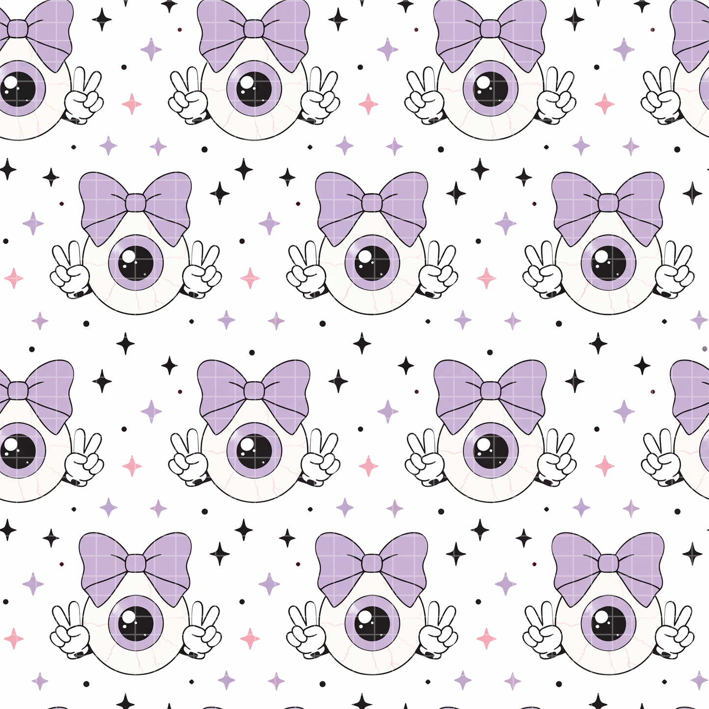 Seamless pattern featuring a cute cartoon eyeball with a pastel purple bow making peace signs, surrounded by stars on a white background. Pastel goth aesthetic.