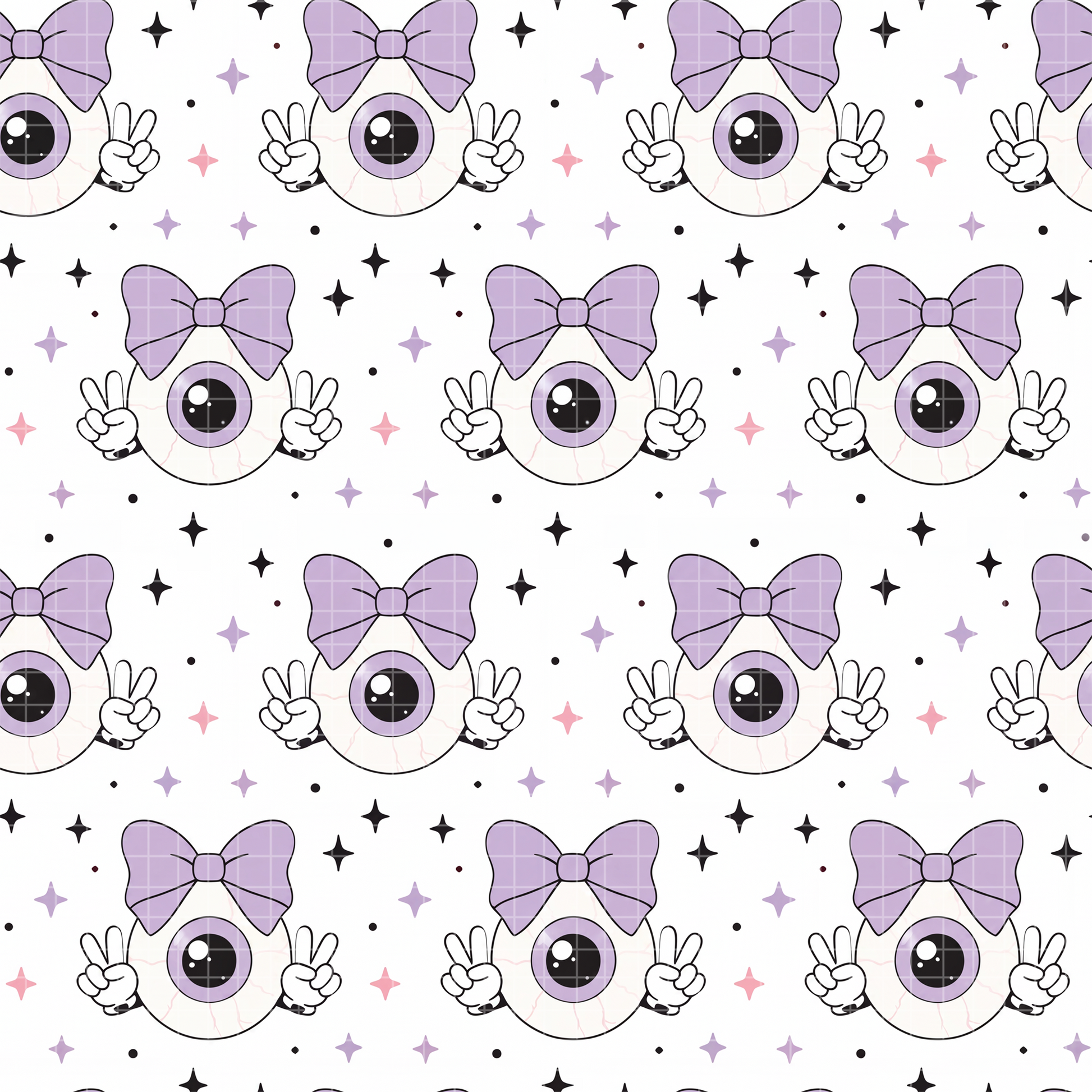 Seamless pattern featuring a cute cartoon eyeball with a pastel purple bow making peace signs, surrounded by stars on a white background. Pastel goth aesthetic.