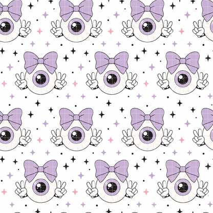 Seamless pattern featuring a cute cartoon eyeball with a pastel purple bow making peace signs, surrounded by stars on a white background. Pastel goth aesthetic.