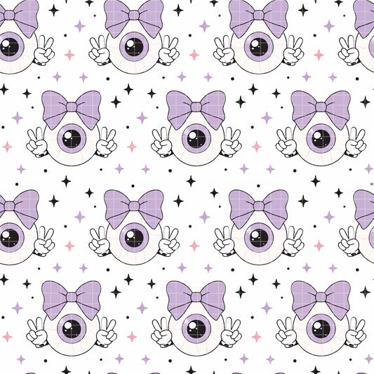 Seamless pattern featuring a cute cartoon eyeball with a pastel purple bow making peace signs, surrounded by stars on a white background. Pastel goth aesthetic.