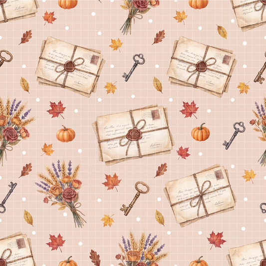 Seamless digital pattern featuring vintage mail, antique keys, autumn leaves, and small pumpkins on a soft grid background.
