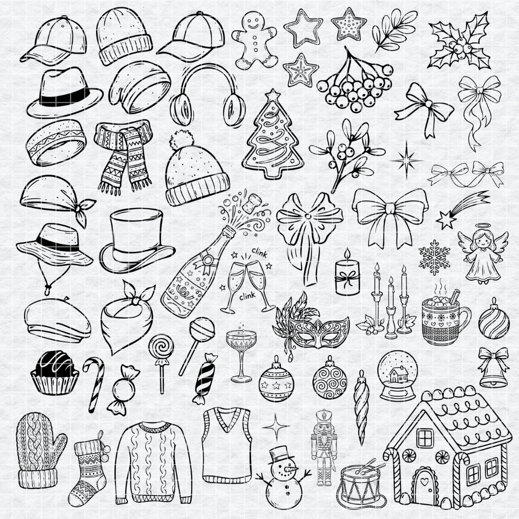 Hand-drawn Christmas and winter line art doodles including a nutcracker, snowman, and gingerbread house.