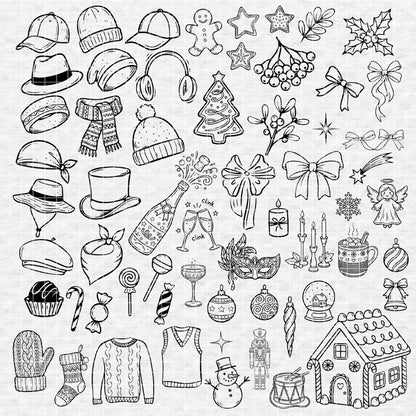 Hand-drawn Christmas and winter line art doodles including a nutcracker, snowman, and gingerbread house.