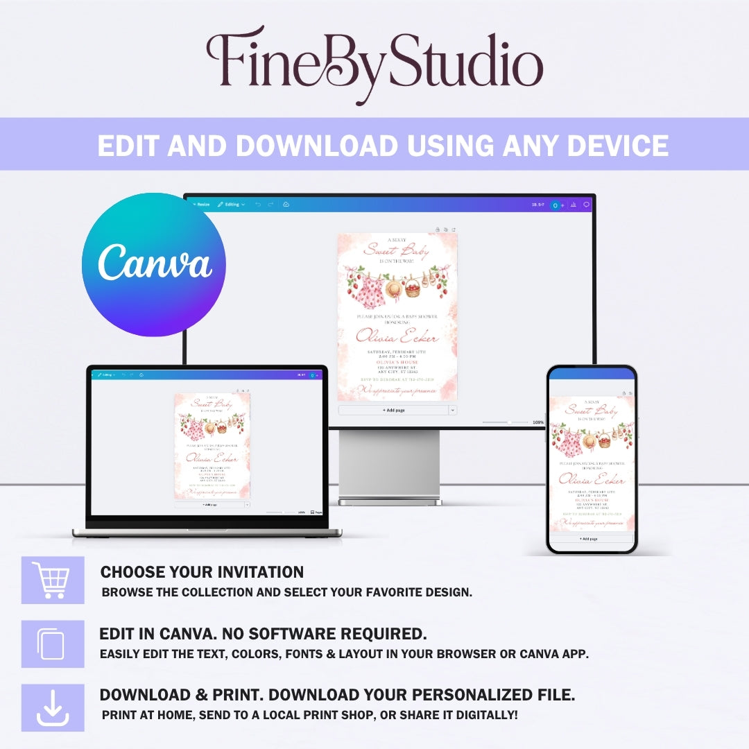 Step-by-step visual showing how to edit the digital pink watercolor baby shower template on a computer, tablet, or mobile phone using Canva.
