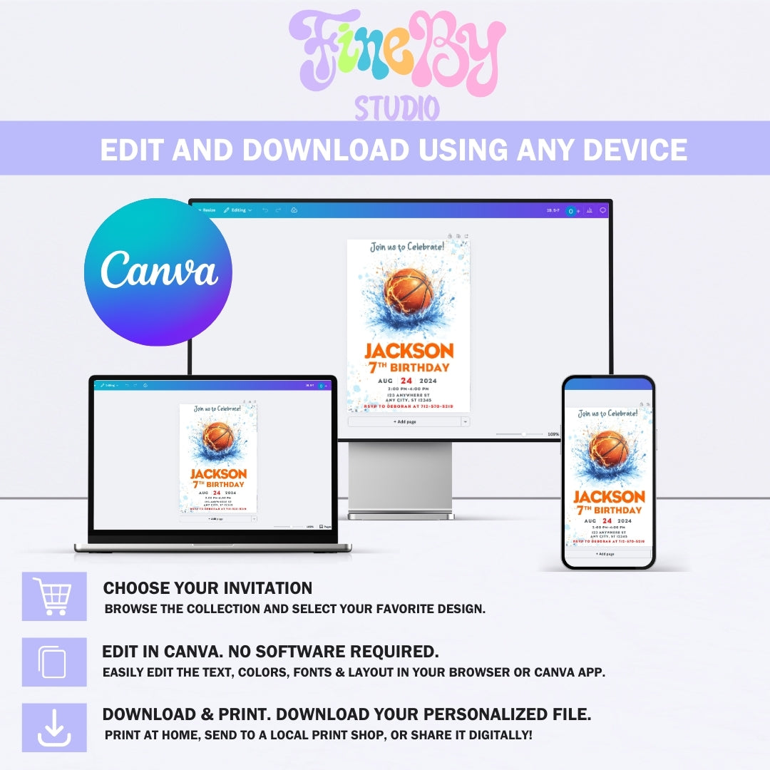 Basketball Birthday Invitation Template, Boys Sports Party Invite, Editable Canva