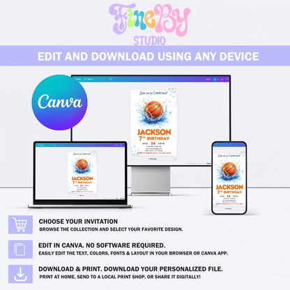 Basketball Birthday Invitation Template, Boys Sports Party Invite, Editable Canva