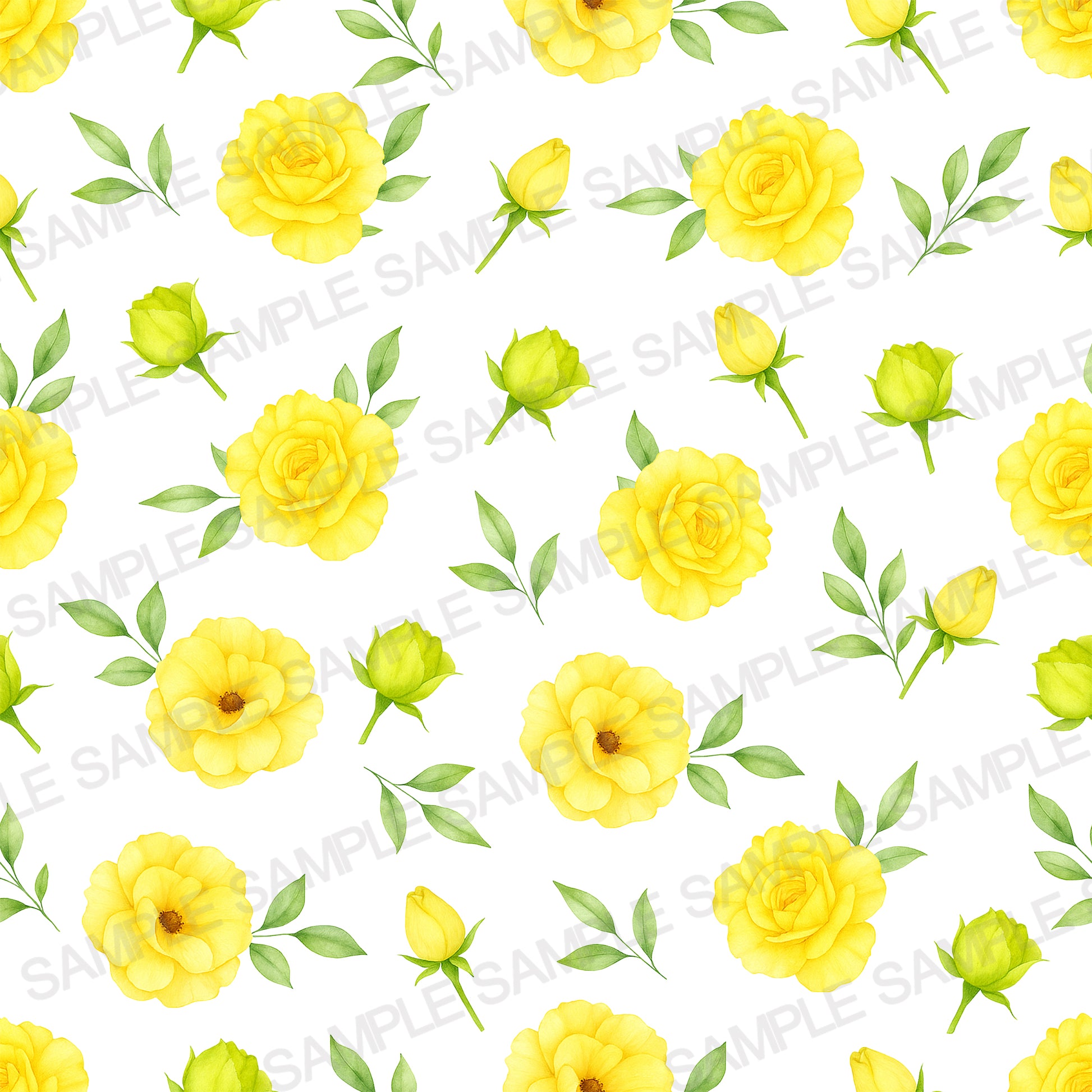 Close-up of yellow rose illustrations with green leaves on a white background.