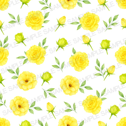 Close-up of yellow rose illustrations with green leaves on a white background.