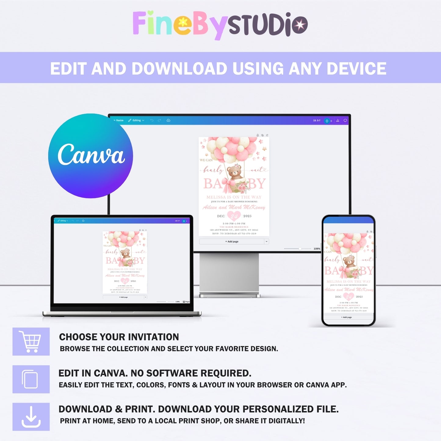Editable baby shower invitation template shown on laptop and mobile screens, digital Canva download.