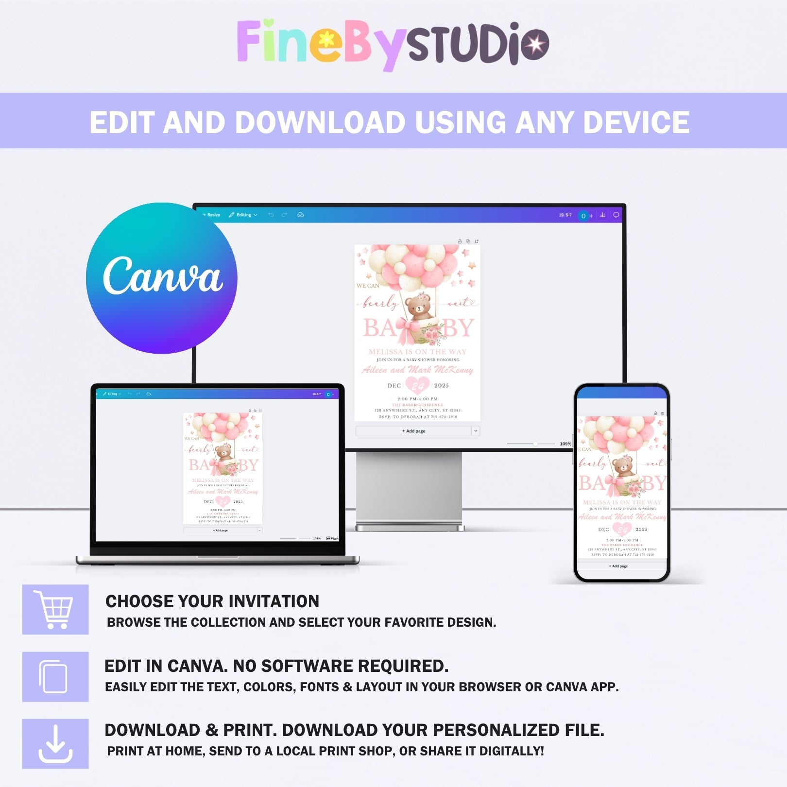 Editable baby shower invitation template shown on laptop and mobile screens, digital Canva download.