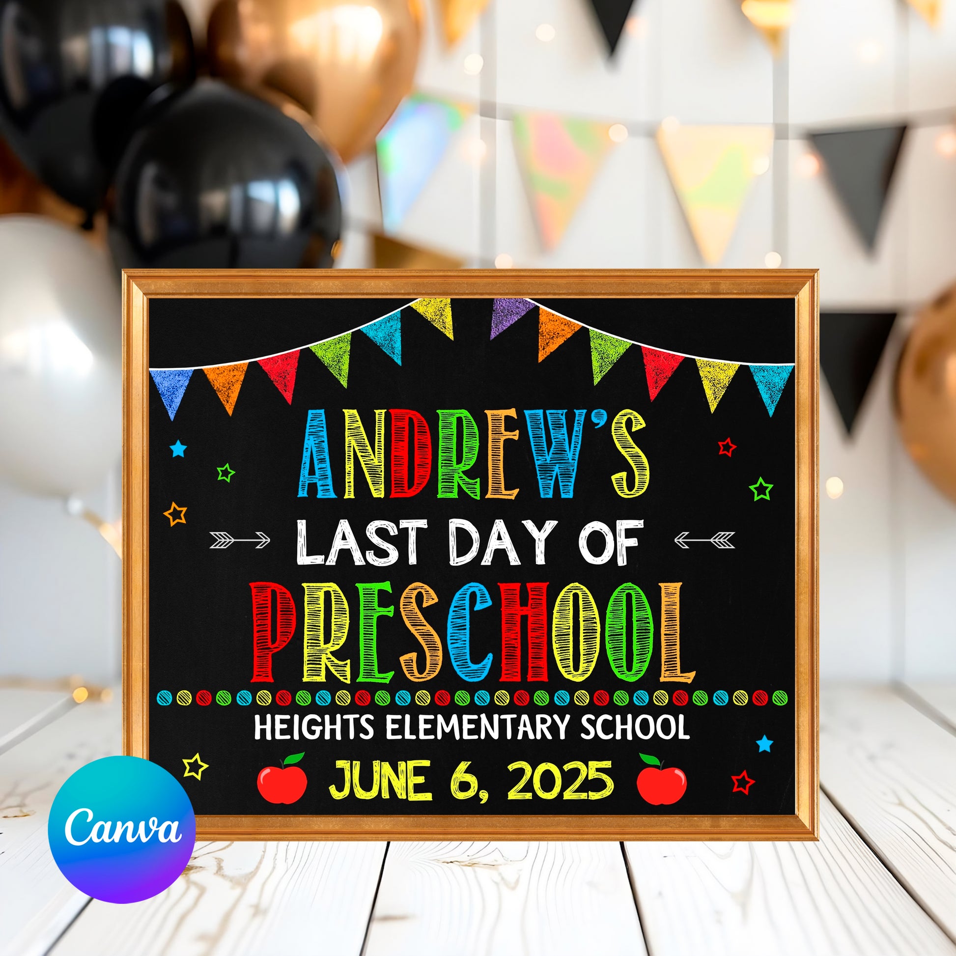 Last day of preschool chalkboard sign printable photo prop with colorful text and confetti