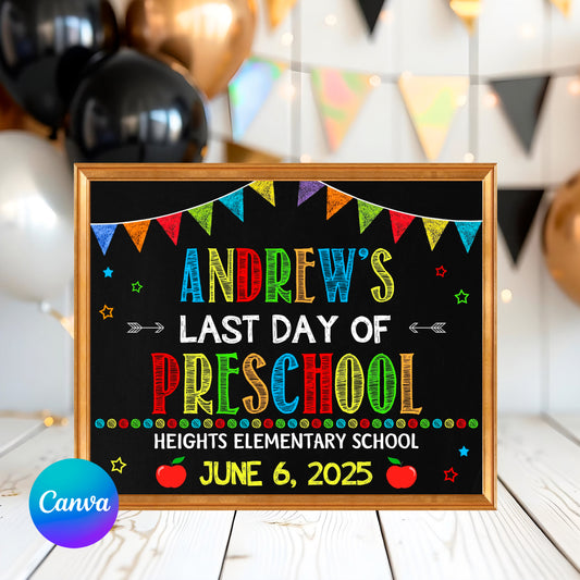 Last day of preschool chalkboard sign printable photo prop with colorful text and confetti