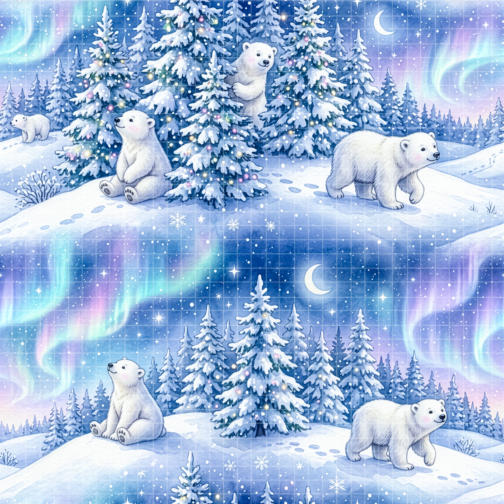 A gentle, watercolor-style seamless pattern featuring adorable polar bears sitting and walking among snowy fir trees decorated with subtle glowing fairy lights. The background is a dreamy pastel winter night sky with pink and blue aurora borealis, delicately falling snow, and a crescent moon.