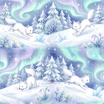  Watercolor seamless pattern featuring white arctic foxes in a snowy landscape with pine trees and a glowing northern lights sky.