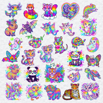 Neon Rainbow Animals Clipart Bundle, Cute Vibrant Animal PNG Set, Axolotl and Capybara Graphics