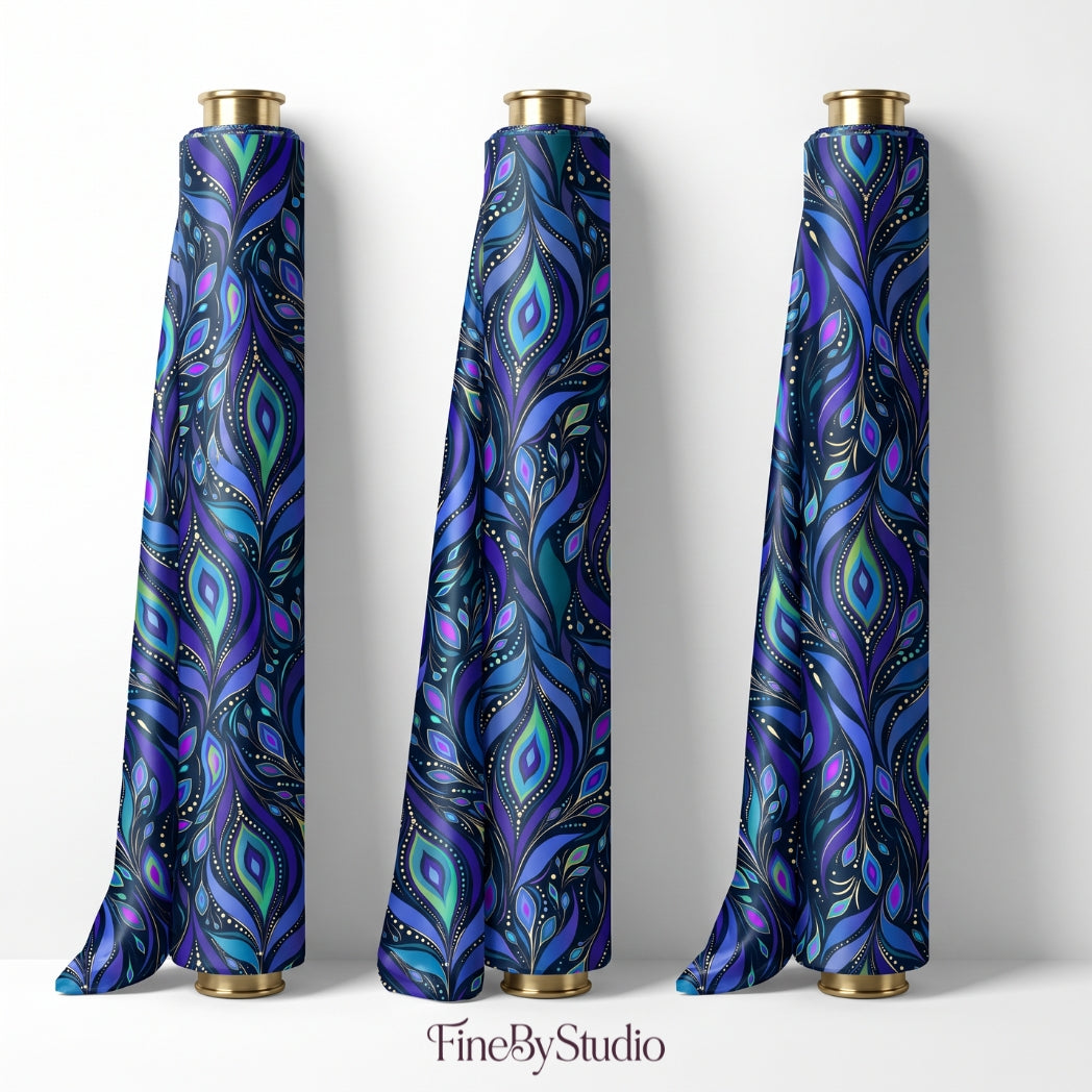 Blue peacock paisley seamless pattern with intricate ornamental feathers in navy blue, cobalt, turquoise, violet and gold
