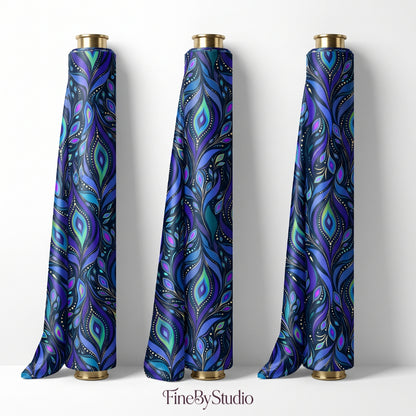 Blue peacock paisley seamless pattern with intricate ornamental feathers in navy blue, cobalt, turquoise, violet and gold