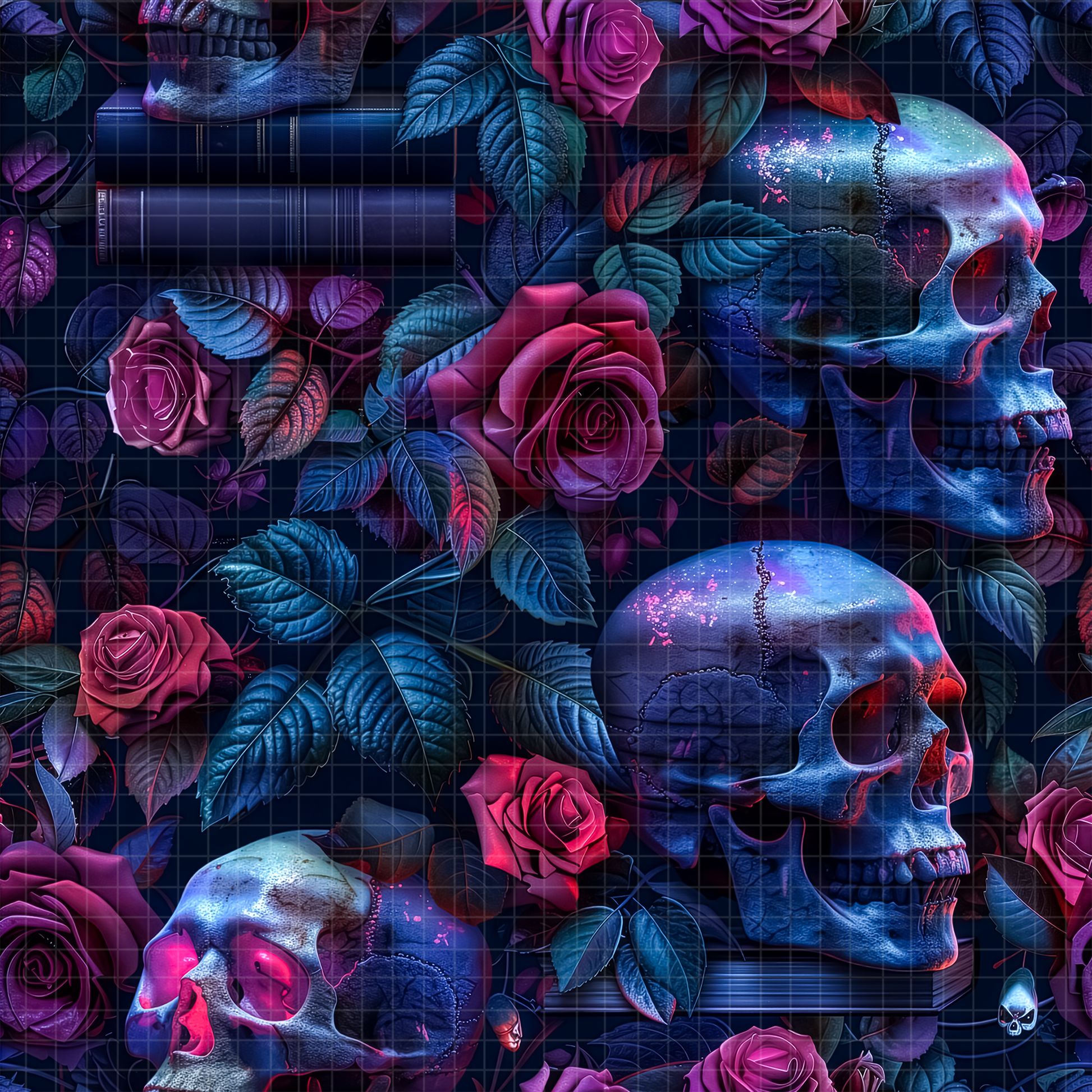 Seamless digital pattern featuring dark gothic skulls and vibrant magenta roses with mystical blue glowing accents.