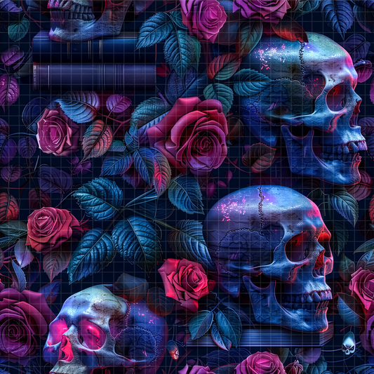 Seamless digital pattern featuring dark gothic skulls and vibrant magenta roses with mystical blue glowing accents.