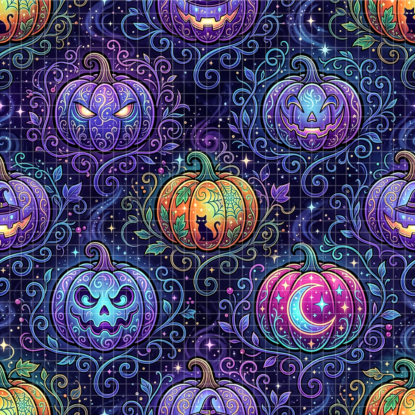 A detailed seamless surface pattern featuring brightly colored, glowing carved pumpkins. Some pumpkins have spooky faces, one has a glowing crescent moon, and one features a black cat silhouette inside. They are surrounded by elegant swirling vines and stardust against a deep purple background.