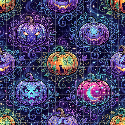 A detailed seamless surface pattern featuring brightly colored, glowing carved pumpkins. Some pumpkins have spooky faces, one has a glowing crescent moon, and one features a black cat silhouette inside. They are surrounded by elegant swirling vines and stardust against a deep purple background.