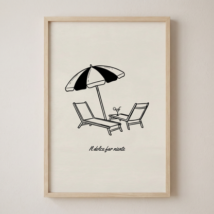 Minimalist black line art drawing of beach chairs and umbrella with the text Il dolce far niente in a wooden frame.
