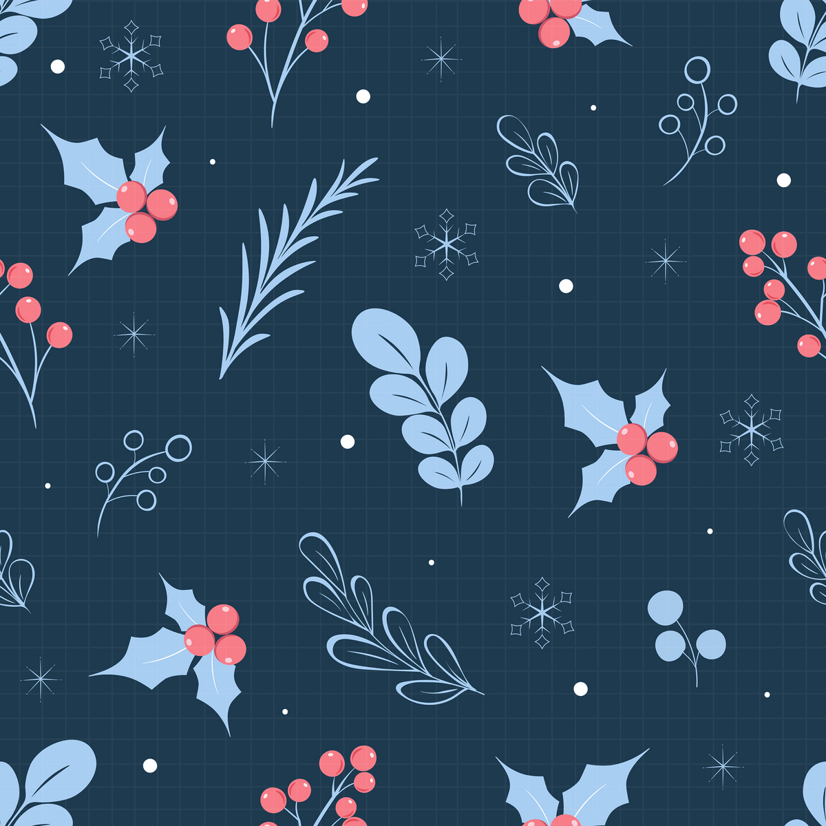 Seamless winter holiday pattern featuring red holly berries, pine sprigs, and white snowflakes on a dark navy blue background.