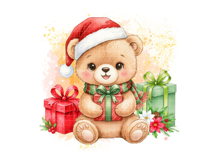 Watercolor Christmas Teddy Bear Clipart — Santa Bear, Holiday Illustration