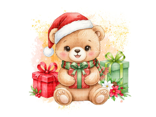 Watercolor Christmas Teddy Bear Clipart — Santa Bear, Holiday Illustration