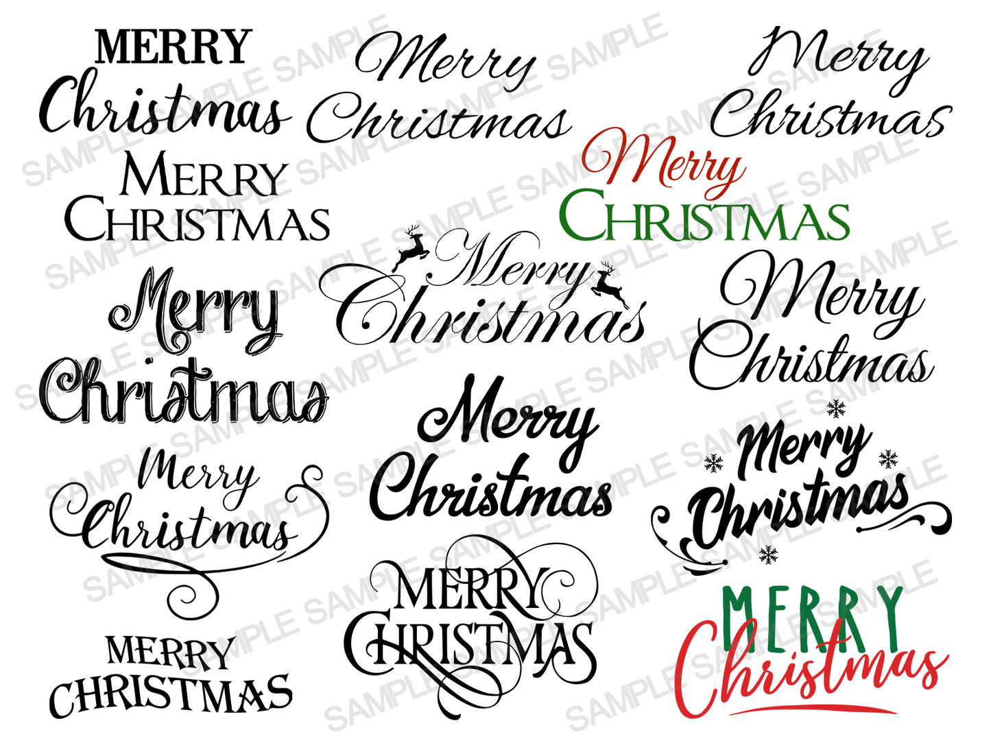 A large collection of different "Merry Christmas" typography and lettering designs in black.
