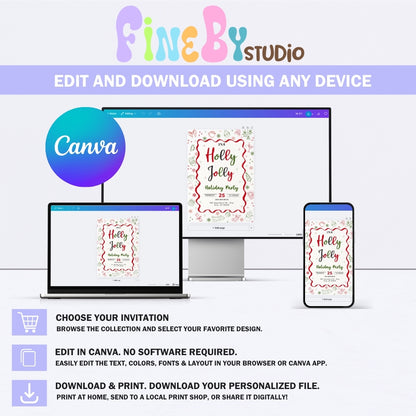 Holly Jolly Holiday Party Invitation | Editable Canva Template | Christmas Invitation