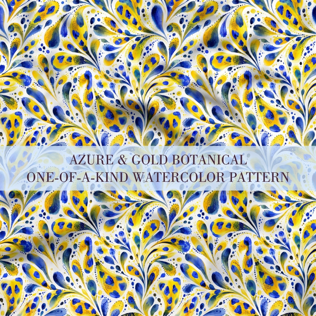 Azure and gold one-of-a-kind watercolor botanical pattern with expressive blue and yellow leaves on a white background