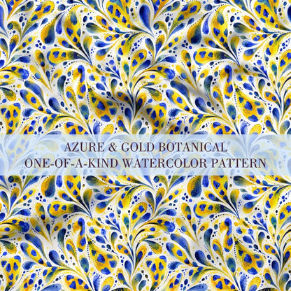 Azure and gold one-of-a-kind watercolor botanical pattern with expressive blue and yellow leaves on a white background