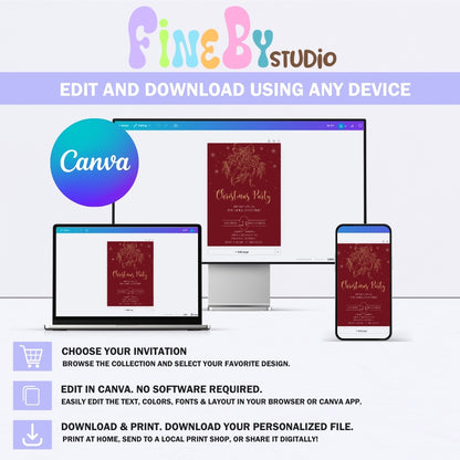 Burgundy holiday dinner invite mockup with red ribbon and pine branches.