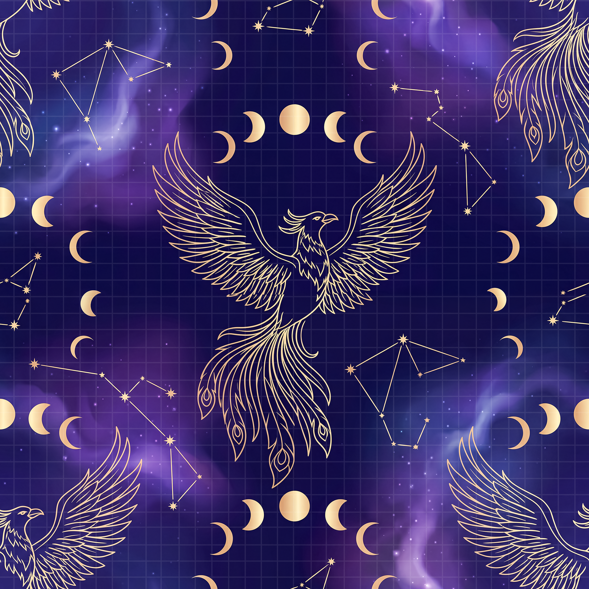 Seamless digital pattern featuring a golden phoenix, moon phases, and star constellations on a dark purple galaxy background.
