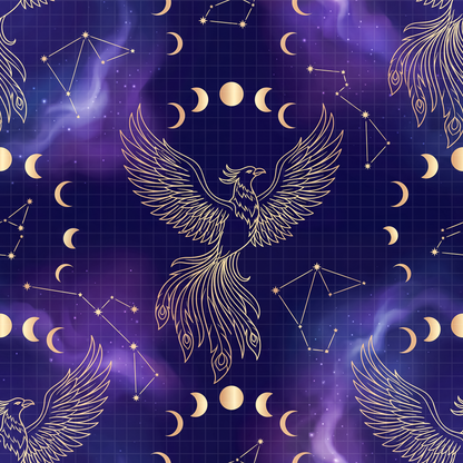 Seamless digital pattern featuring a golden phoenix, moon phases, and star constellations on a dark purple galaxy background.