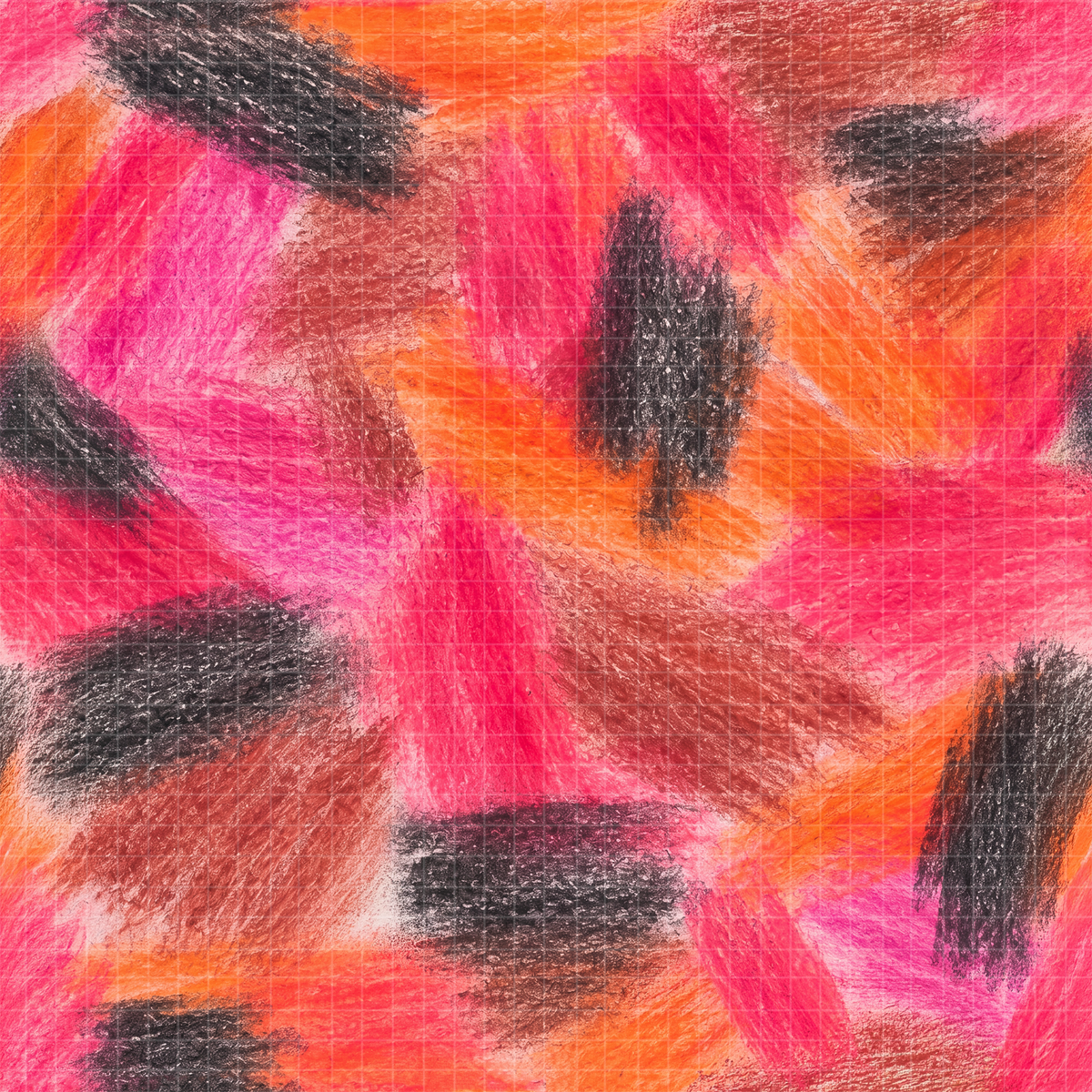 Seamless abstract pattern featuring diagonal hand-drawn colored pencil strokes in hot pink, bright orange, brown, and charcoal black.
