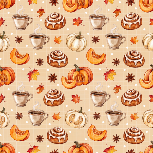 Cozy fall cafe seamless pattern design featuring pumpkin spice latte cups, cinnamon rolls, and autumn leaves on a warm light background.