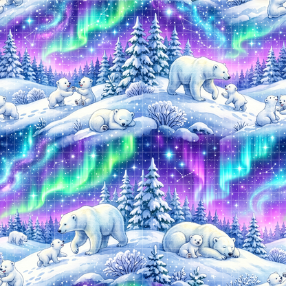 Detailed seamless surface pattern showing adult polar bears and adorable cubs walking on snowy hills among frosted fir trees. The background is a stunning magical night sky filled with bright purple, blue, and green Aurora Borealis, twinkling stars, and faint constellations.