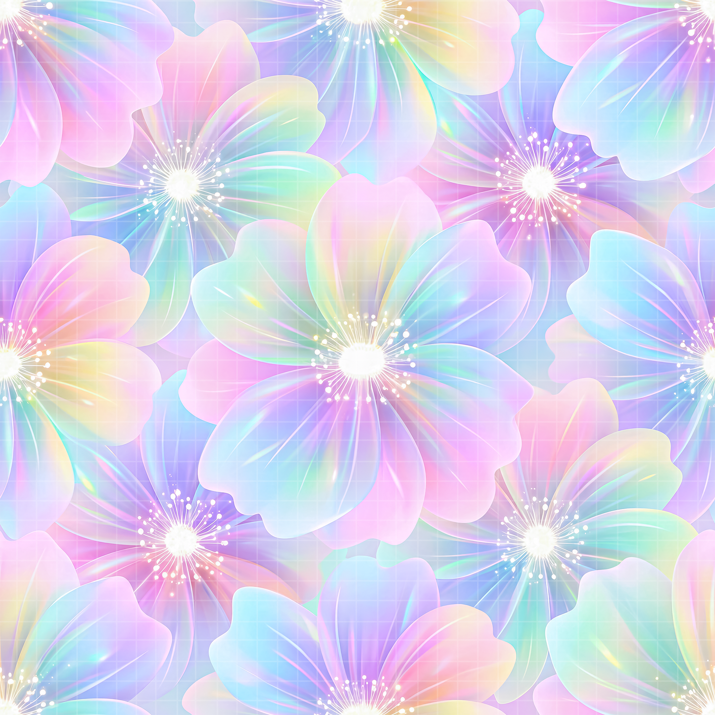 Seamless digital pattern featuring pastel holographic flowers with glowing iridescent petals in shades of pink, blue, and purple.