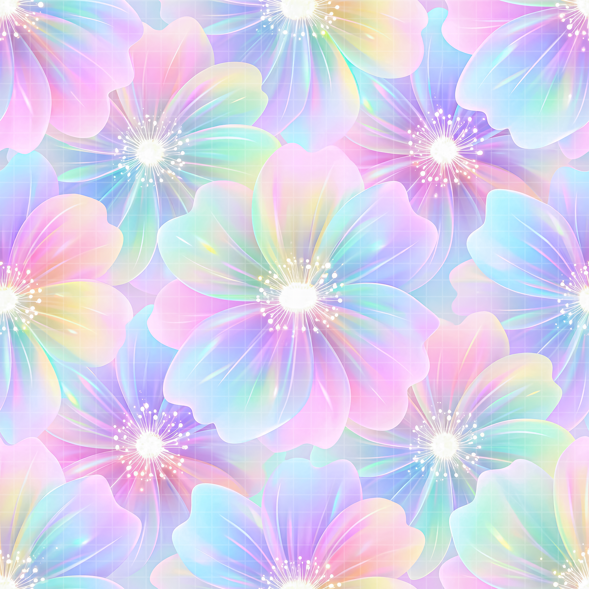 Seamless digital pattern featuring pastel holographic flowers with glowing iridescent petals in shades of pink, blue, and purple.