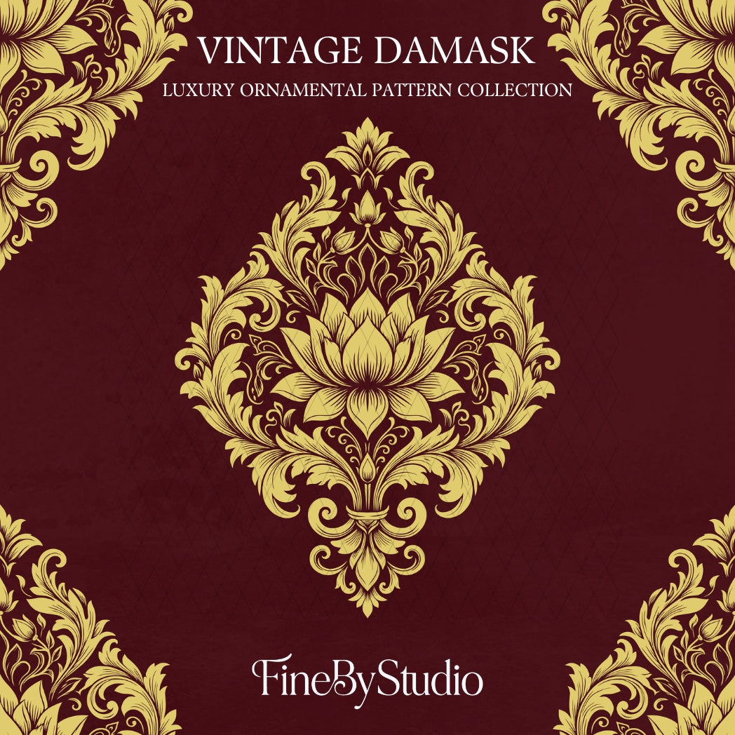 Gold vintage damask ornament on deep burgundy background, luxury seamless pattern design.