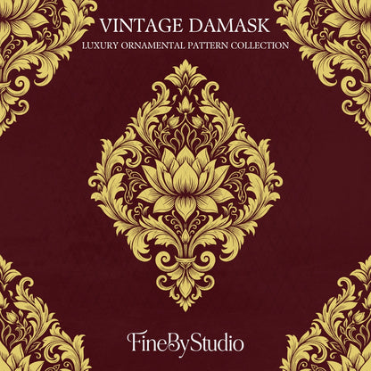 Gold vintage damask ornament on deep burgundy background, luxury seamless pattern design.