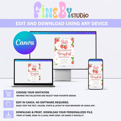 Berry First Birthday Invitation Card - Strawberry Party Invite