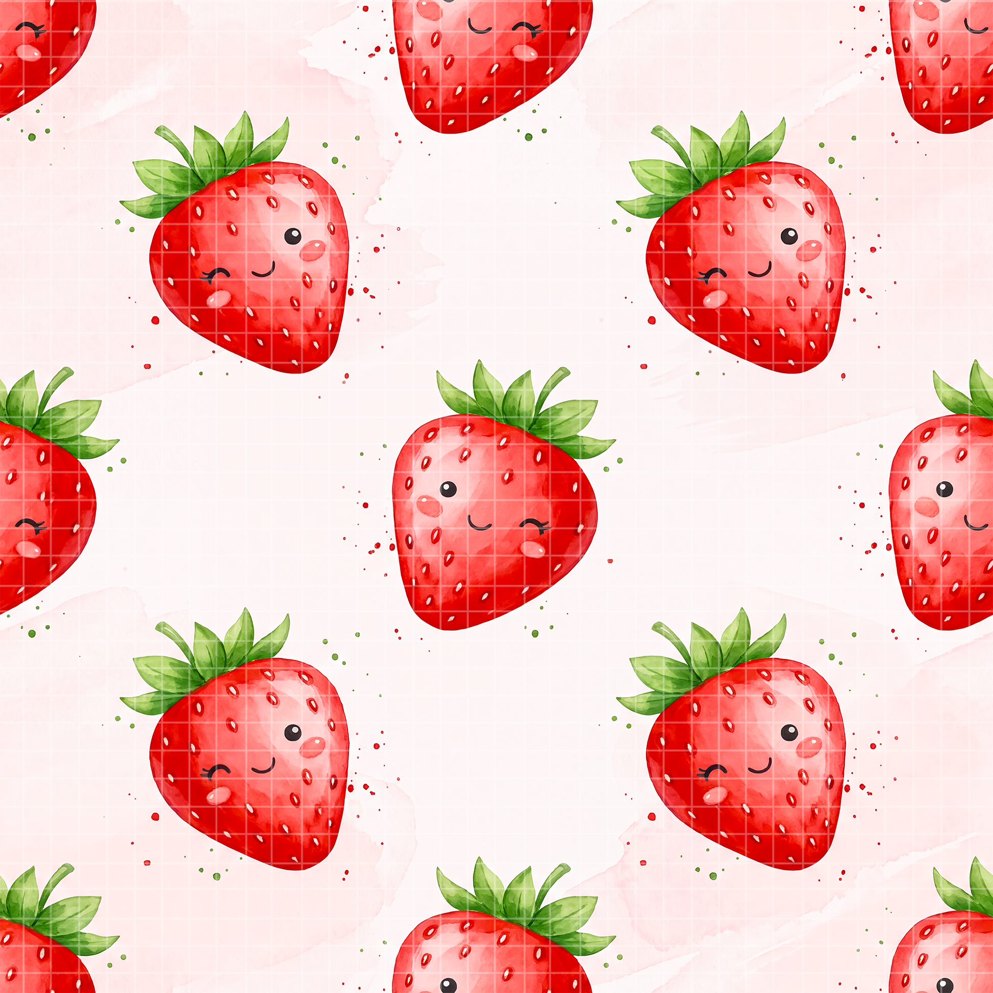 Seamless watercolor pattern featuring cute kawaii strawberries with smiling faces on a light pink background.
