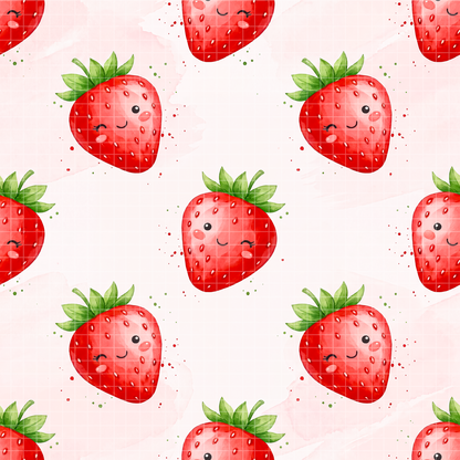 Seamless watercolor pattern featuring cute kawaii strawberries with smiling faces on a light pink background.
