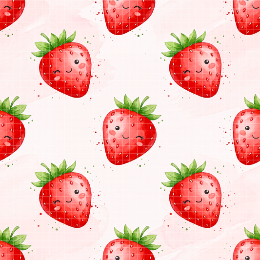 Seamless watercolor pattern featuring cute kawaii strawberries with smiling faces on a light pink background.
